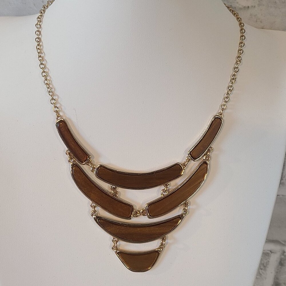 Vintage Statement Wood Layered Necklace nyt Boho Classy Gold Tone